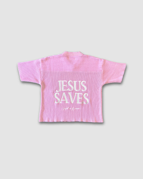 "SAVED BY JESUS" - STRAWBERRY KNIT JERSEY
