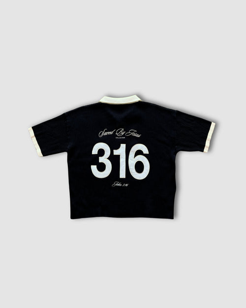 "SAVED BY JESUS" - BLACK KNIT POLO