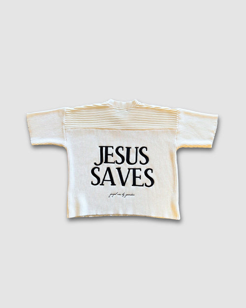 "SAVED BY JESUS" - IVORY KNIT JERSEY