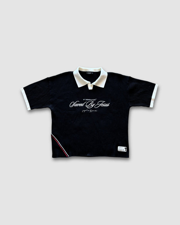 "SAVED BY JESUS" - BLACK KNIT POLO