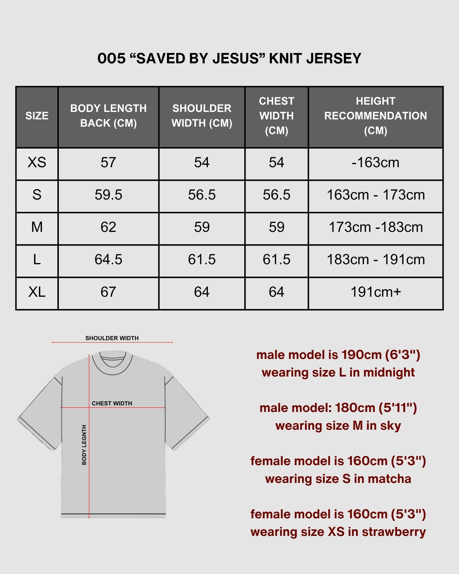 "SAVED BY JESUS" - SKY KNIT JERSEY size chart